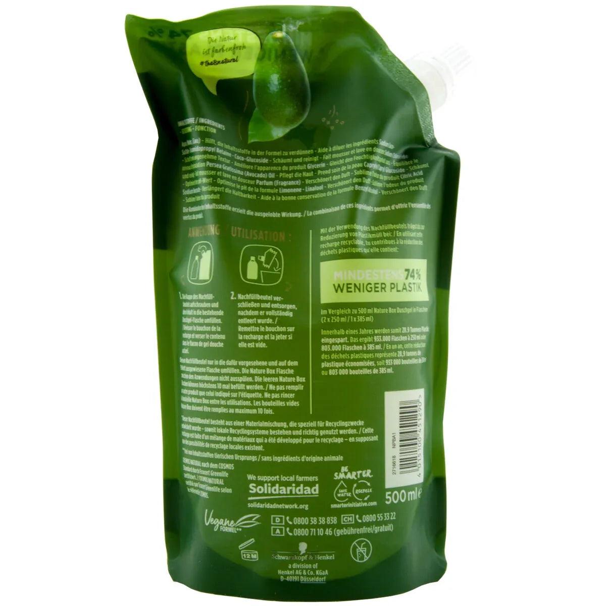 Nature Box Avocado Douchegel Navulling 500 ml - navulling douchegel met avocado-olie - Achterzijde